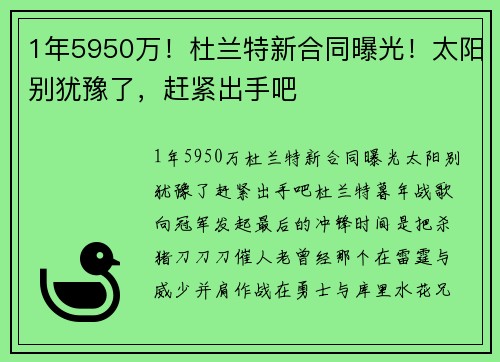 1年5950万！杜兰特新合同曝光！太阳别犹豫了，赶紧出手吧